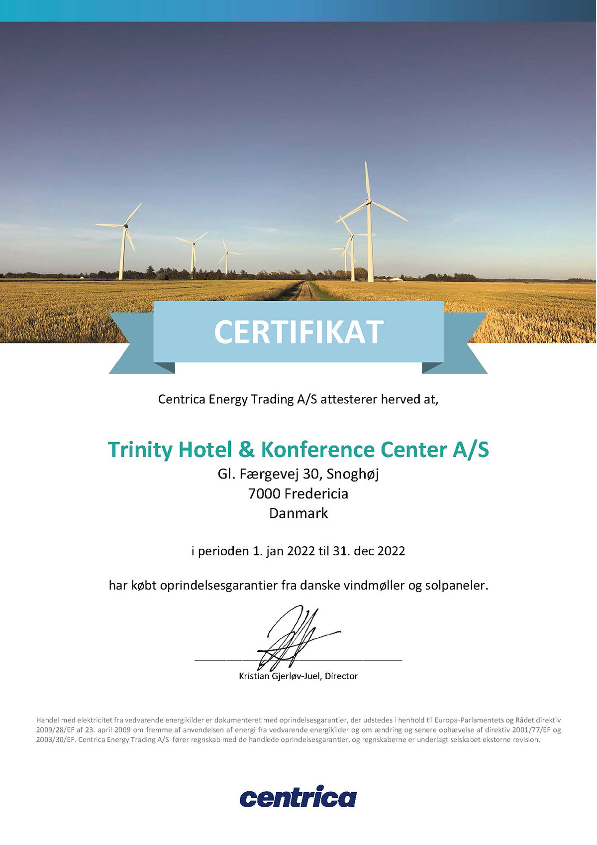 Certifikat på 100% vind- og solenergi